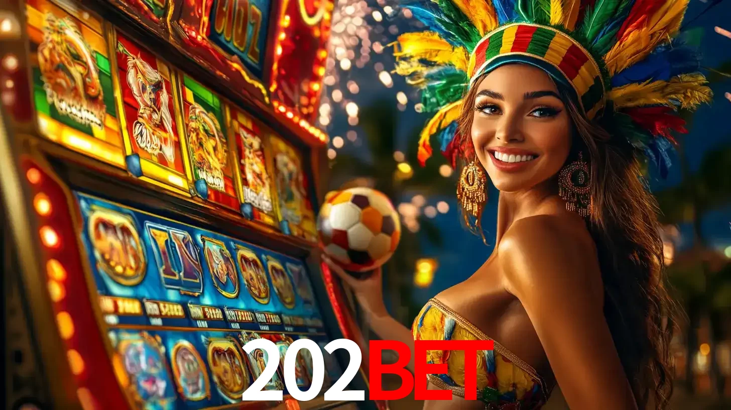 Mulher com um cocar de carnaval ao lado de uma máquina de caça-níqueis enquanto segura uma bola de futebol, mostrando a união da diversão de cassino e esportes no 202bet.