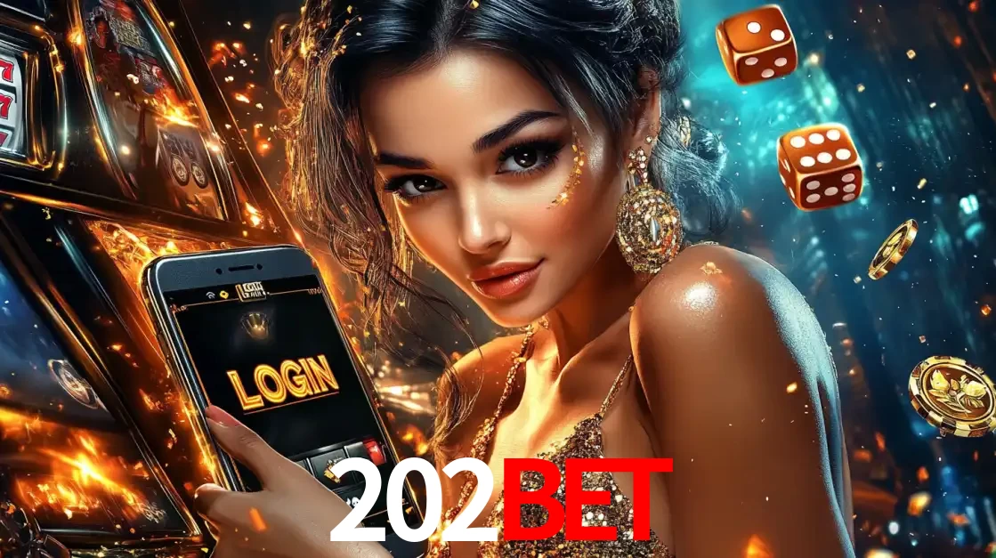 Mulher glamourosa segurando um celular com a tela de login do cassino 202bet, rodeada por dados e moedas douradas, pronta para começar a diversão.