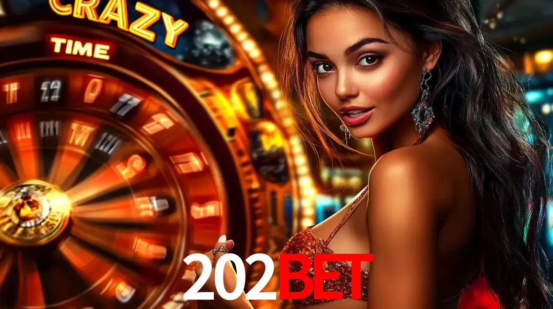 Mulher ao lado da roda de prêmios do jogo de cassino ao vivo Crazy Time, um dos shows de jogos mais emocionantes oferecidos pela plataforma de apostas 202bet.