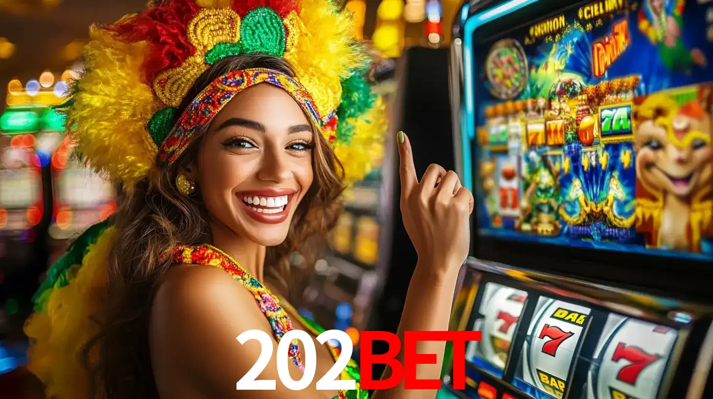 Mulher animada com um cocar de carnaval apontando para uma máquina de caça-níqueis, mostrando a emoção de ganhar um grande prêmio nos jogos do 202bet.