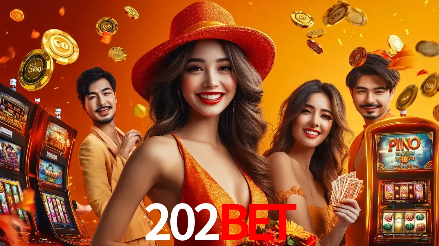 Grupo de amigos asiáticos sorrindo e se divertindo com máquinas de caça-níqueis em um ambiente festivo, celebrando suas vitórias nos jogos de cassino do 202bet.