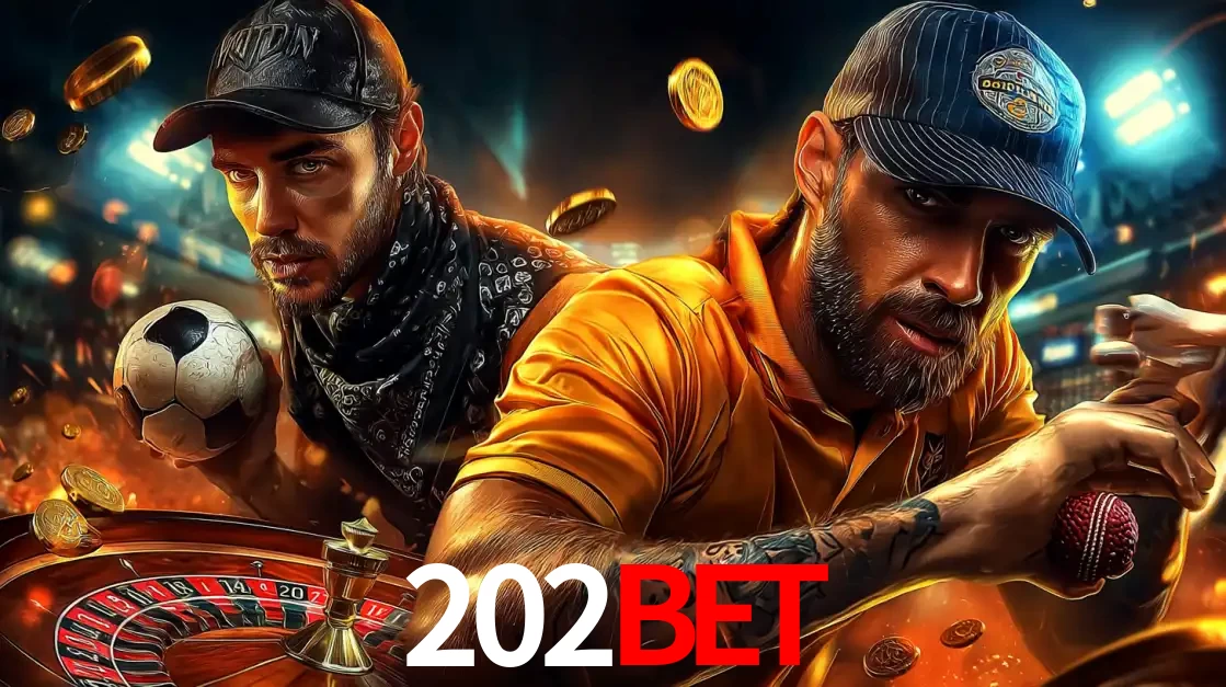 Montagem de apostas esportivas e cassino no 202bet, com um homem segurando uma bola de futebol e outro uma de beisebol sobre uma roleta e moedas voadoras.