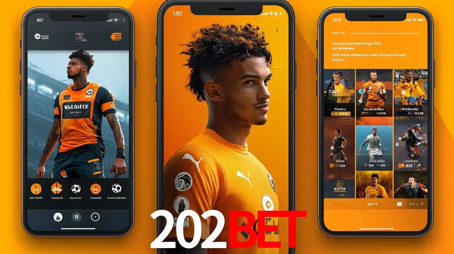 Interface do aplicativo de apostas esportivas 202bet em três telas de celular, mostrando o perfil de um jogador de futebol e a lista de jogos disponíveis para apostar.