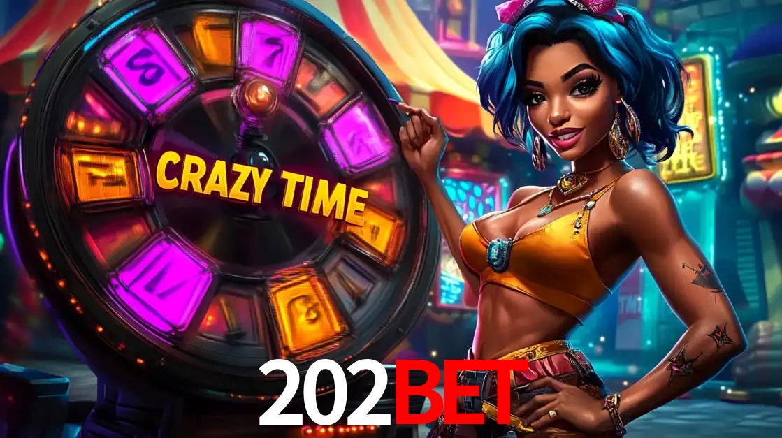 Mulher estilizada com cabelo azul e visual vibrante posando ao lado da roda de prêmios do game show Crazy Time, convidando para a diversão e os bônus do cassino 202bet.