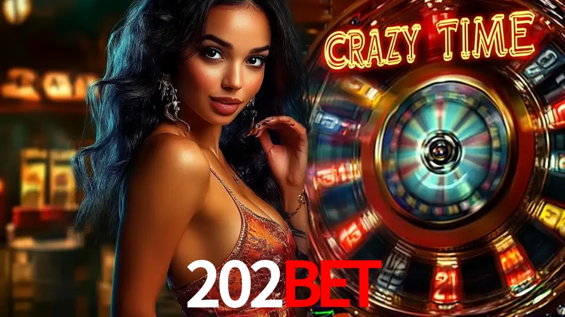 Mulher elegante ao lado da vibrante roda da fortuna do jogo de cassino ao vivo Crazy Time, um dos game shows mais populares e cheios de prêmios do 202bet.