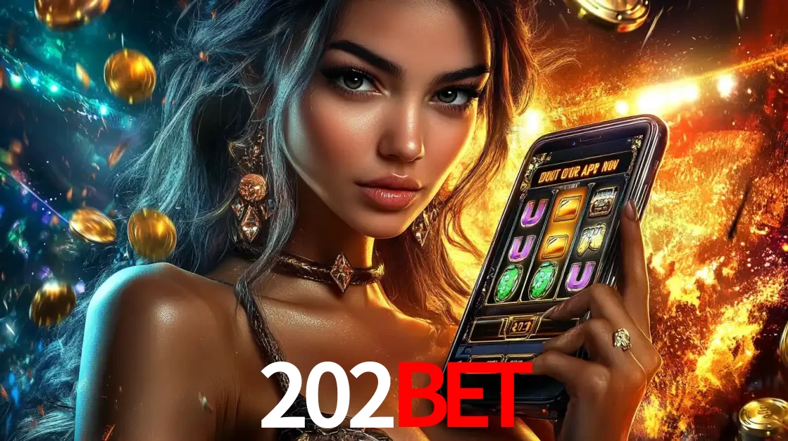 Mulher elegante mostrando um jogo de caça-níqueis em seu smartphone, destacando a experiência de cassino móvel oferecida pelo aplicativo 202bet.