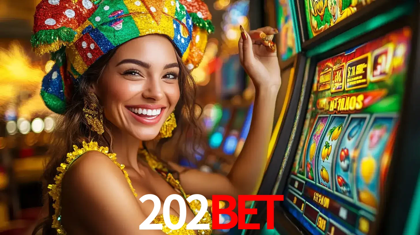 Mulher feliz com traje de carnaval amarelo e colorido ao lado de uma máquina de caça-níqueis, aproveitando a diversão e os jogos temáticos do cassino 202bet.